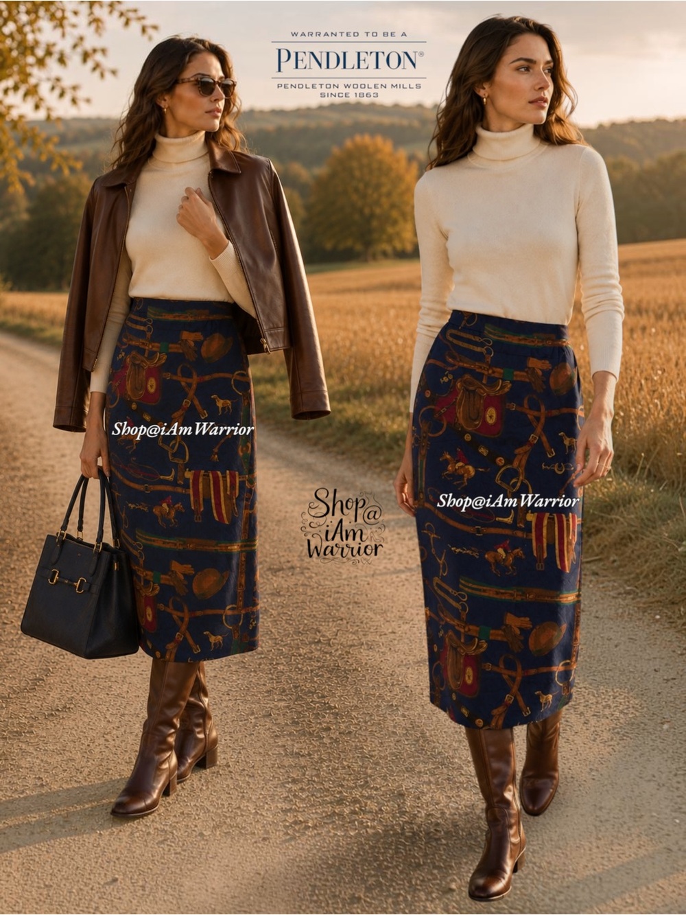 Vintage Pendleton Equestrian Horse Tack Riding Print Rayon Midi Skirt